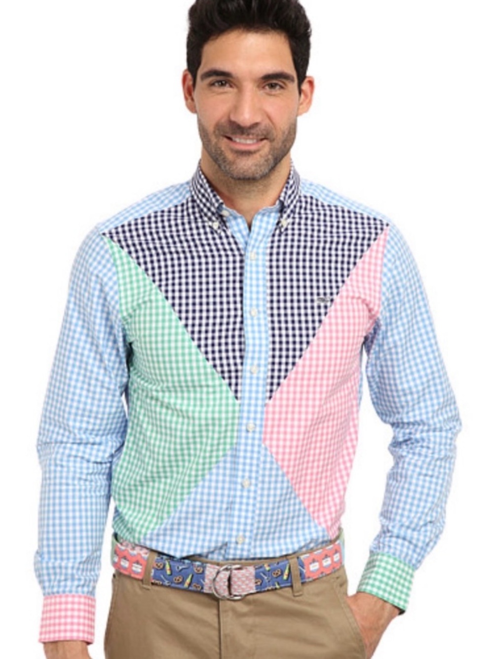 Men's Multi-Color Gingham Button-Down Shirt - Pastel Patchwork